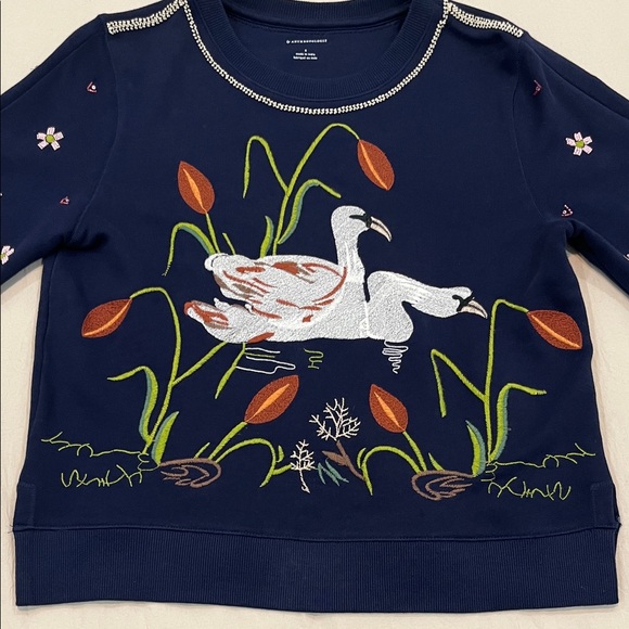 By Anthropologie Maeve Swan Lake Embroidered Navy Sweater - Picture 4 of 13
